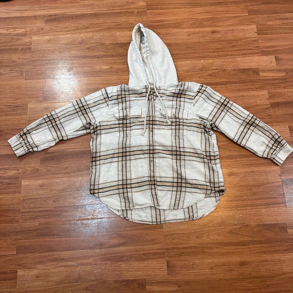 American Eagle Long Sleeve Hooded Plaid Tan Button Down Shirt | Men Size large